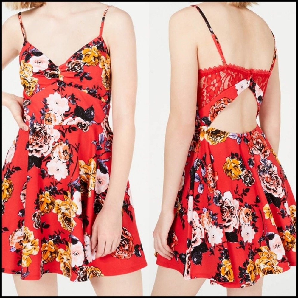 Trixxi Juniors' Floral Lace-Back Fit & Flare Mini Dress Size M NEW